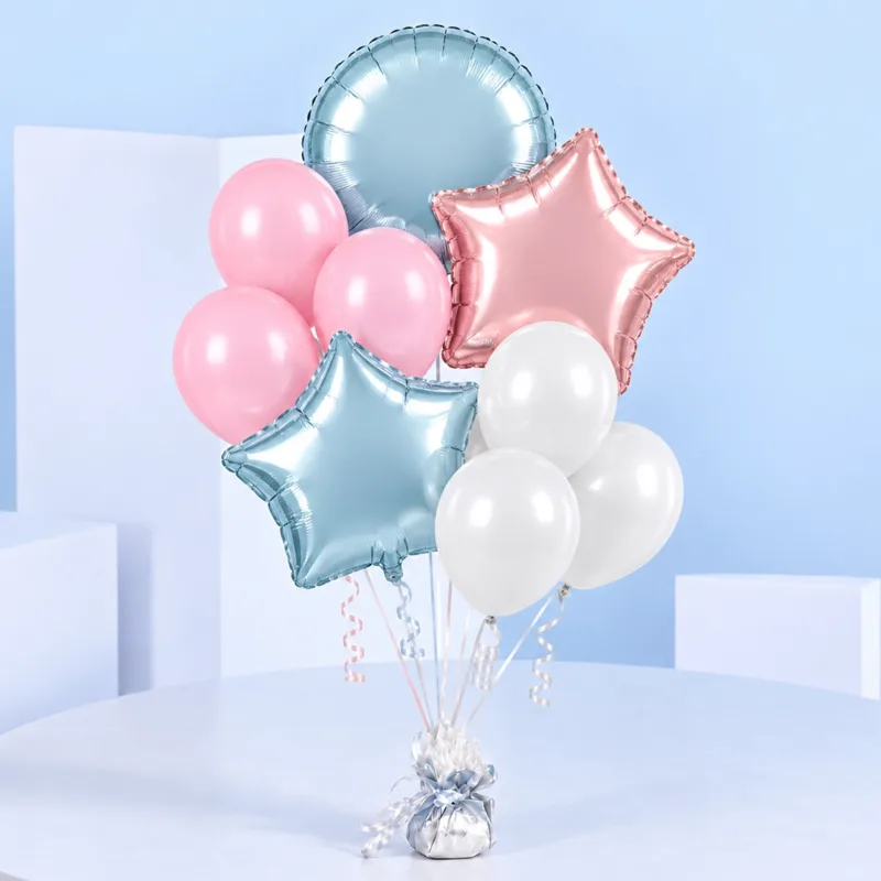 pastel-celebration-helium-balloons Pastel Celebration Helium Balloons with pink and white balloons, multicolor star balloons, and a round balloon, perfect for birthdays, celebrations, surprises, and special occasions.