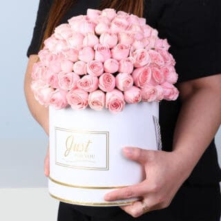BTF Home 38 Premium pink roses in a white luxury round box with gold detailing, finished with a Just For You message label.