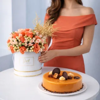 BTF Home 100 A peach rose birthday flower box with a cake placed beside as a gift combo.