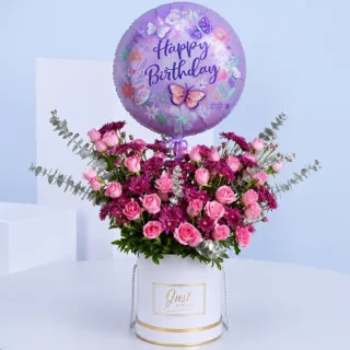 BTF Home 18 Light pink roses luxury birthday flower box 30 light pink roses, purple chrysanthemums, fresh ruscus and eucalyptus foliage, and a happy birthday balloon.