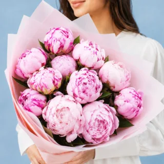 BTF Home 22 Pink peony bouquet featuring abundant blooms and delicate petals in a light pink Korean sheet.