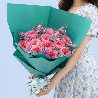 BTF Home 6 Premium Pink Ecuador Rose Bouquet featuring 15 fresh pink Ecuador roses and delicate wax flowers beautifully arranged in an elegant hand bouquet.